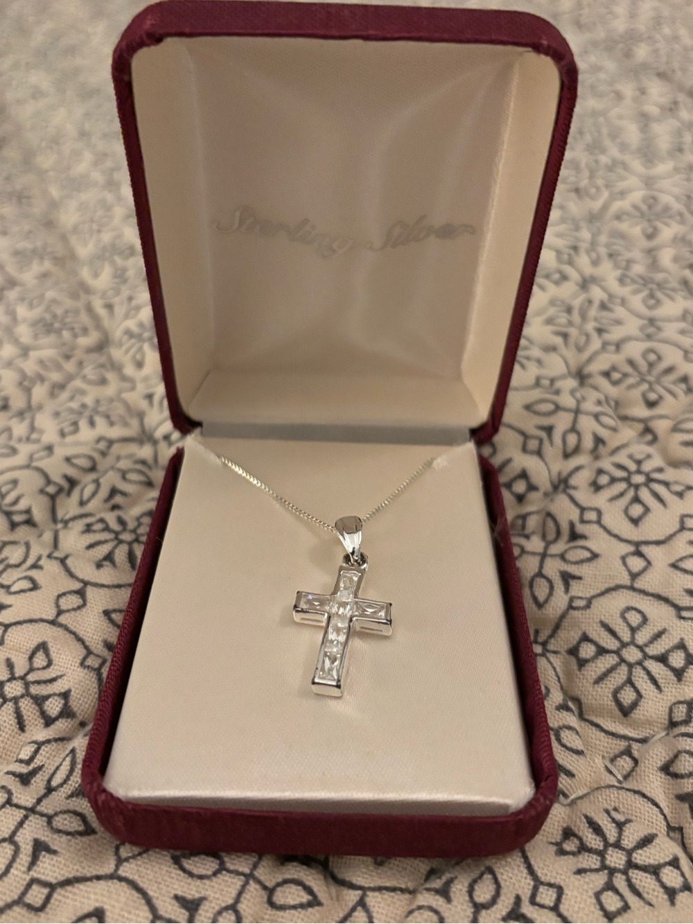 Sterling Silver Cross Pendant Necklace - Clear Stones - Picture 2 of 4